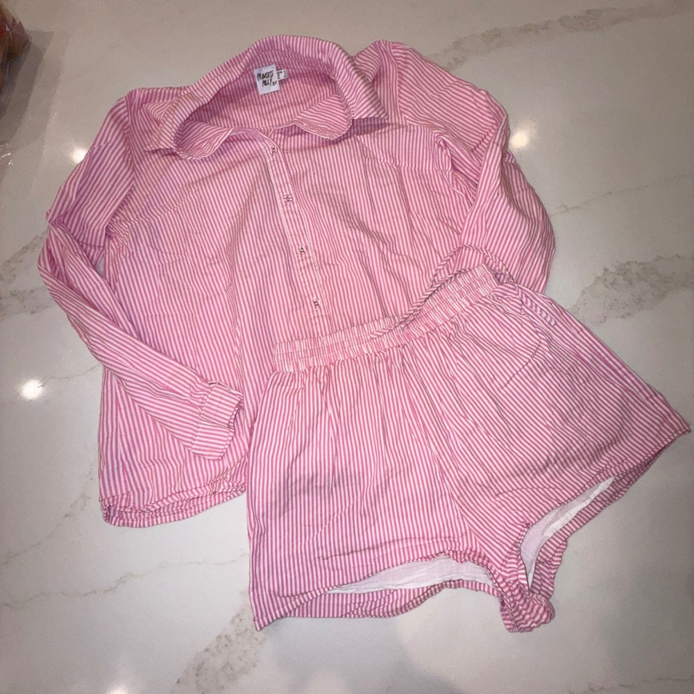 Princess Polly Pink White Striped Pajama Set Button Down Shirt Shorts Womens 2